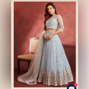 Lashkarra Dusty Blue Net Lehenga, Size X-Small